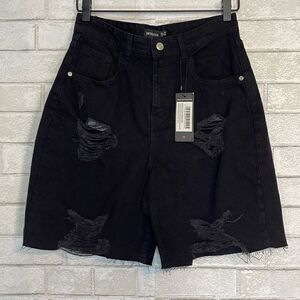 PrettyLittleThing Washed Black Recycled Distressed Boyfriend Denim Shorts 6 NWT